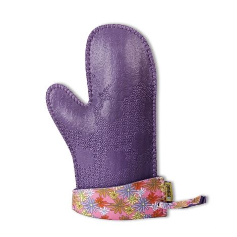 Neoprene Oven Mitts with Fold-Over Cuffs in Purple with Daisy Design [Pair]